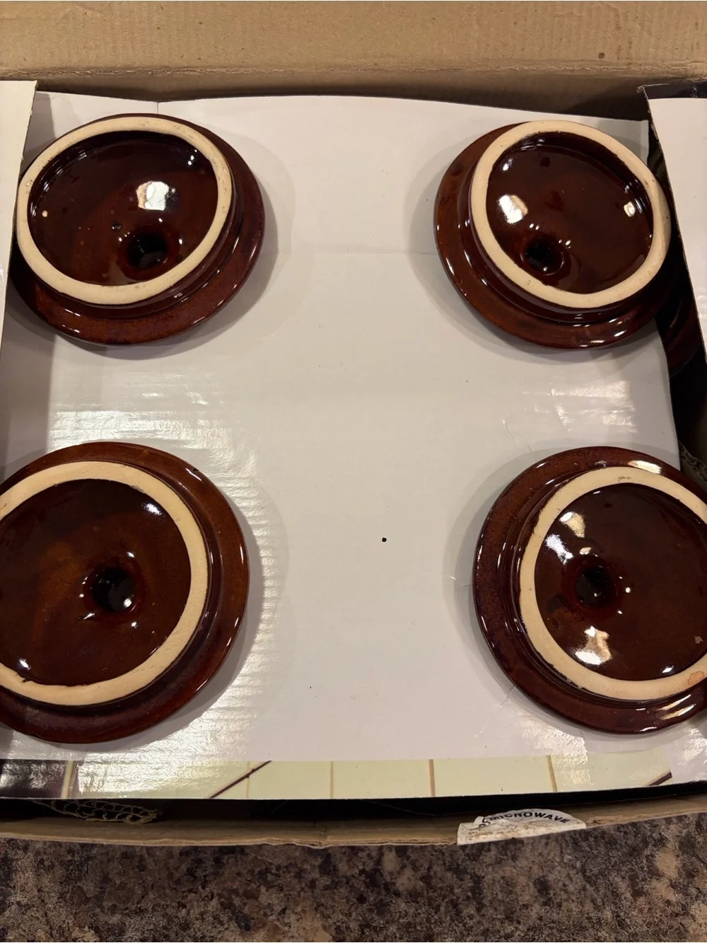 Vintage Brittany Stoneware Onion Soup Bowls with Rattan Trivets - Set of 4
